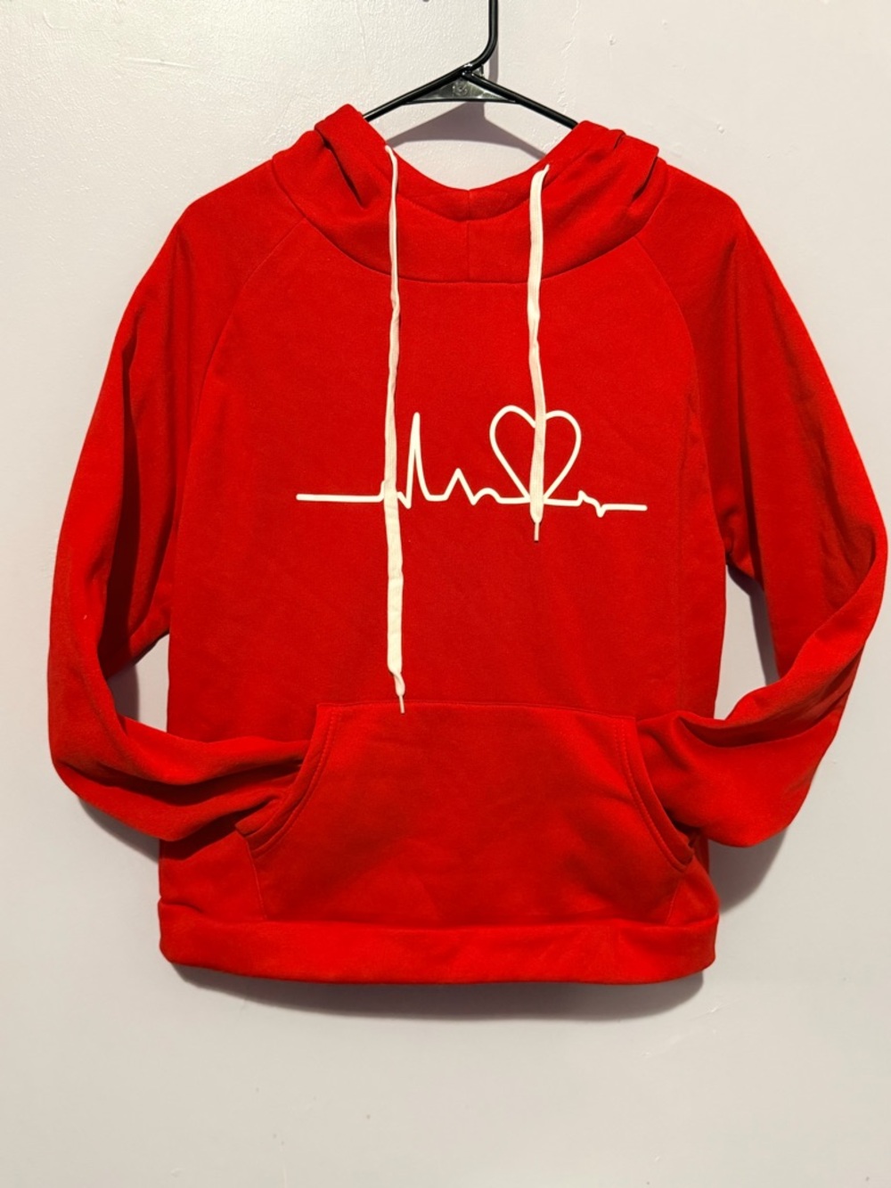 Women's Red Cowl-Neck Pullover Hoodie with Heartbeat Graphic